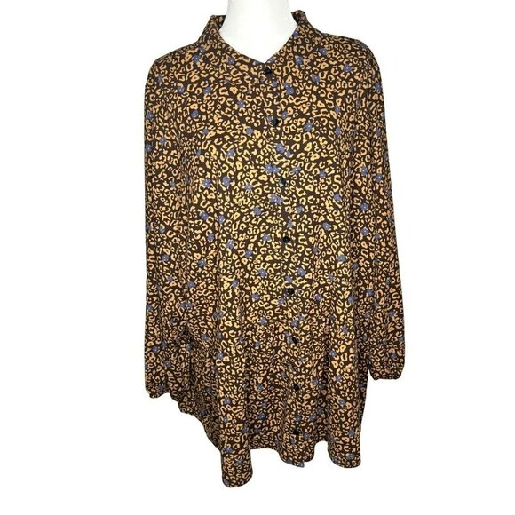 LOGO Women's Leopard Blue Flower Drop Waist Ruffle Button Up Tunic Top B… - Picture 1 of 11
